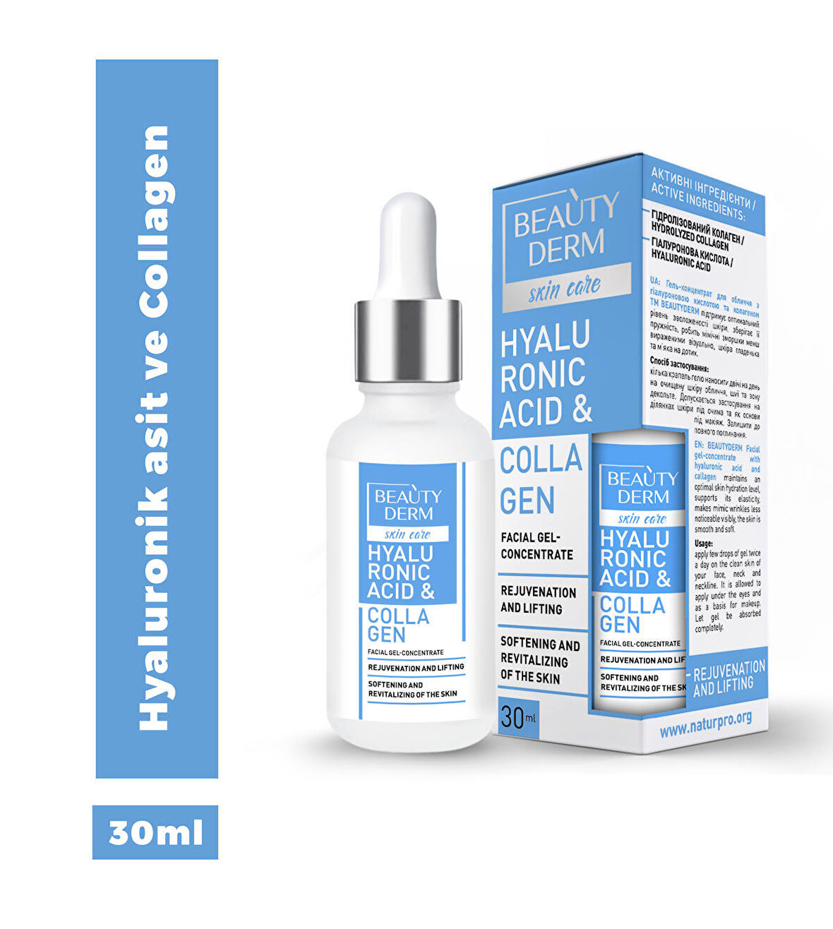 BEAUTYDERM Hyaluronik asit ve kolajen içeren yüz jeli konsantresi, 30 ml