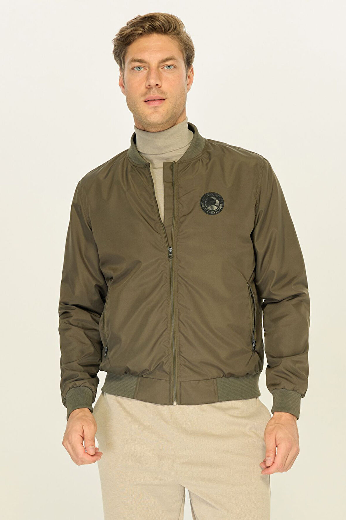 Erkek Haki Kolej Yaka Rüzgara Dayanıklı Mevsimlik Spor Mont | 4XL