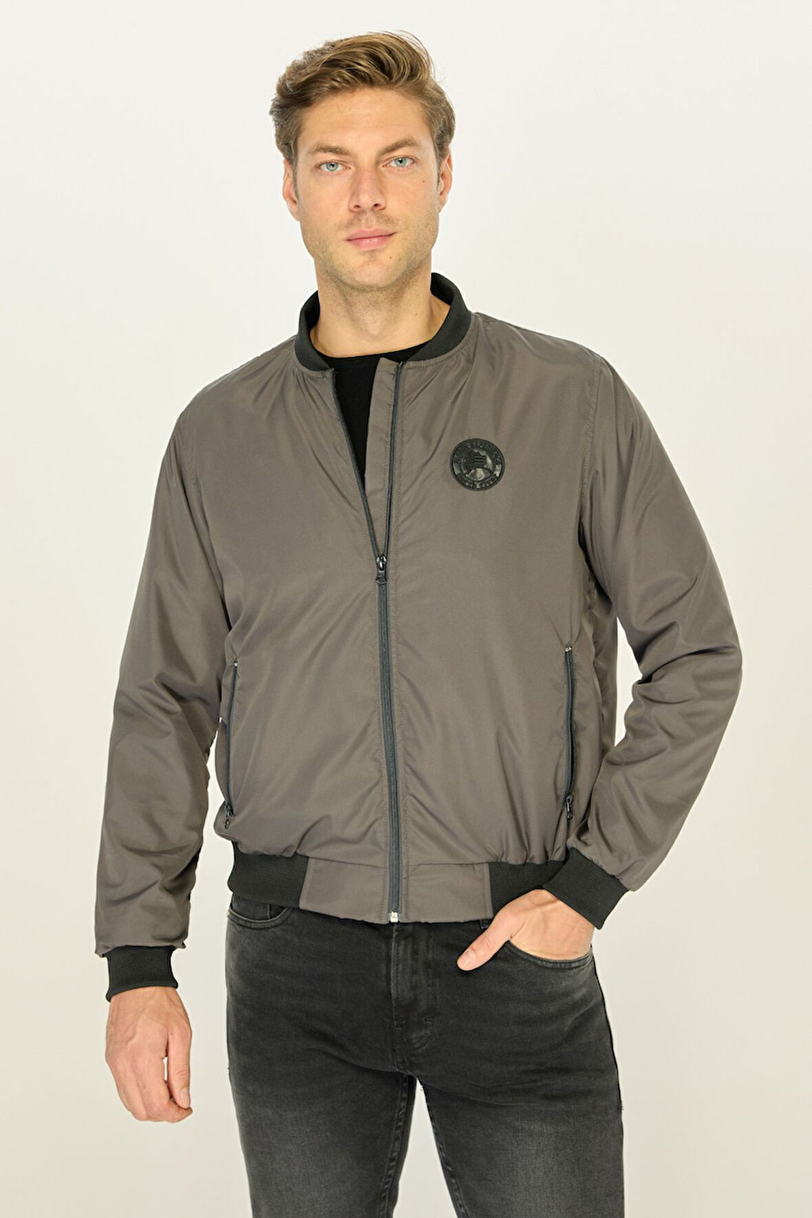 Erkek Antrasit Kolej Yaka Rüzgara Dayanıklı Mevsimlik Spor Mont | 4XL