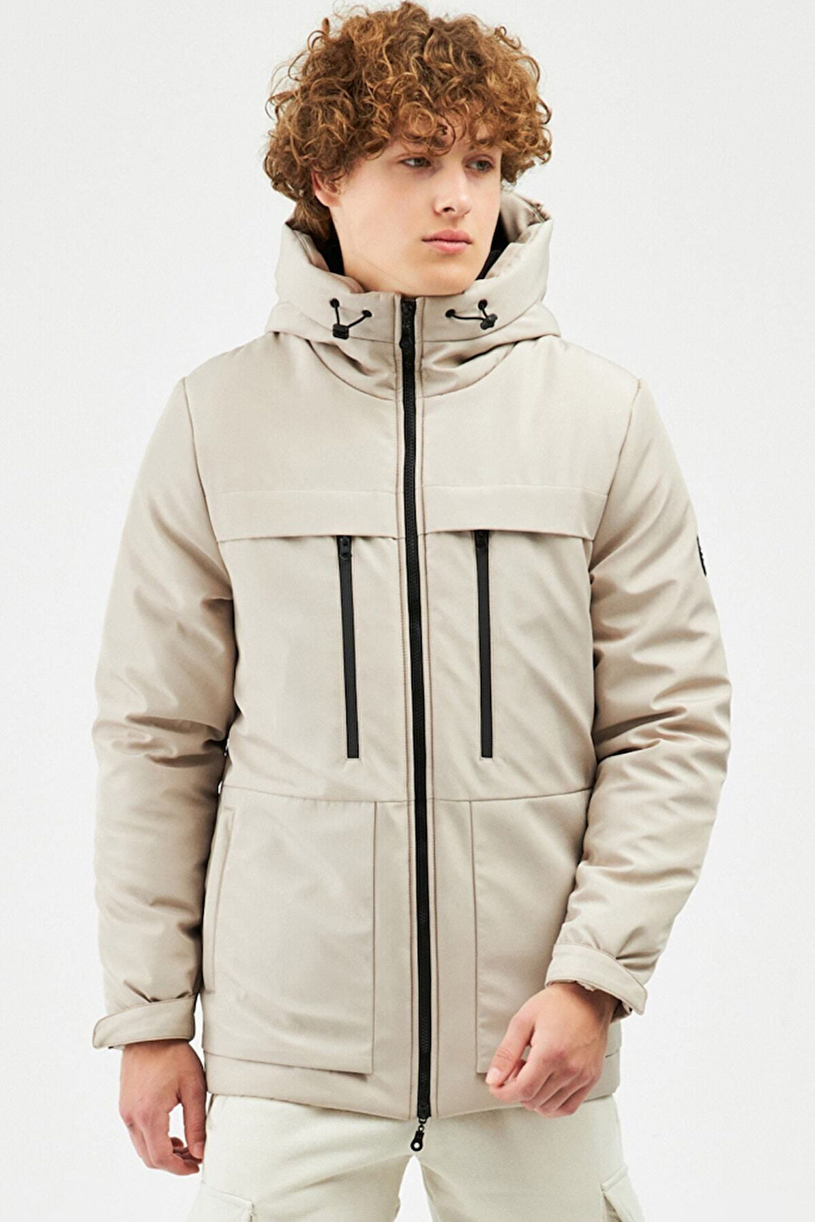 Erkek Bej Elyaflı Su Ve Rüzgar Geçirmez Kapüşonlu Kışlık Mont & Kaban & Parka | M
