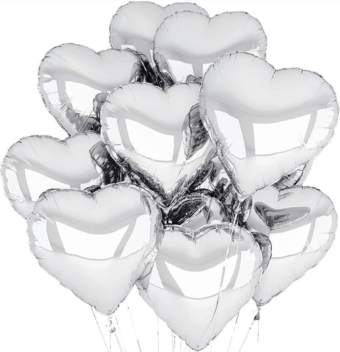 Metalize Parlak Gümüş Kalp Şekilli Uçan Balon Folyo 18 inç 45 cm 10 Adet (4832)