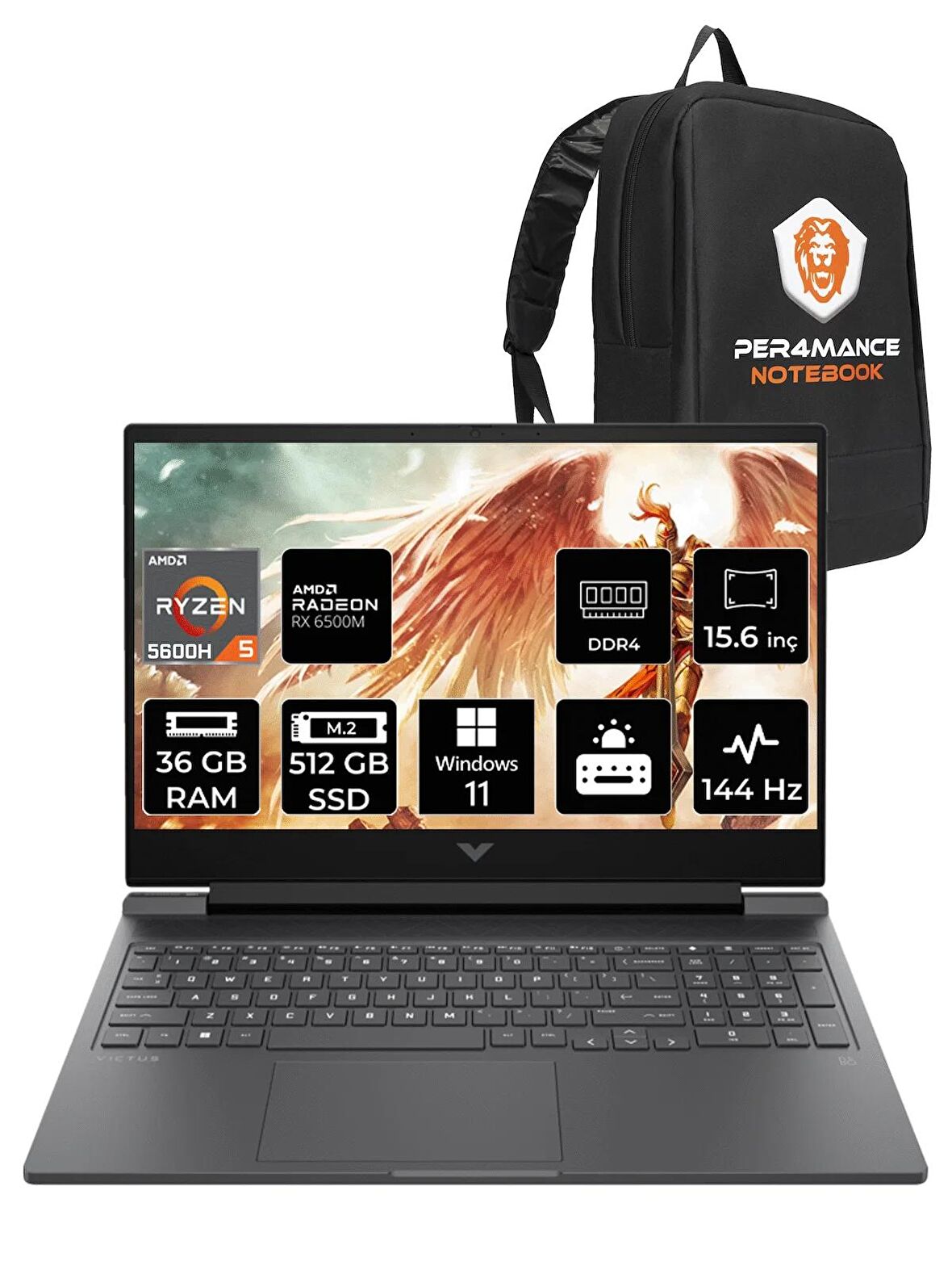 HP Victus 15 R5 5600H 36GB 512GB SSD RX6500M 144HZ 15.6'' FHD W11PRO 7N5M9EA & PER4 ÇANTA