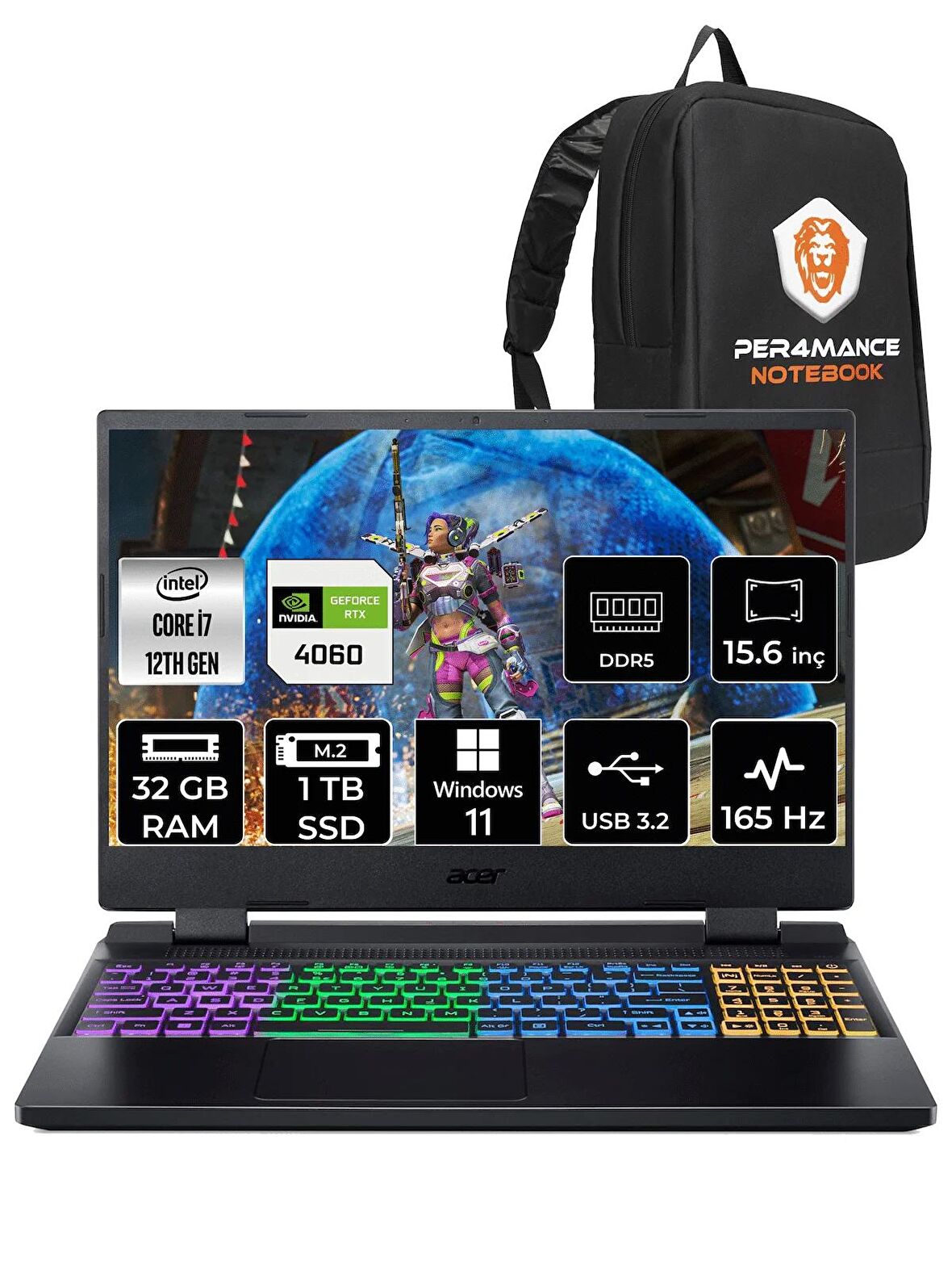 ACER Nitro 5 i7 12700H 32GB 1TB SSD RTX4060/8GB 165HZ 15.6" FHD W11P NH.QM0EY.002 & PER4 ÇANTA