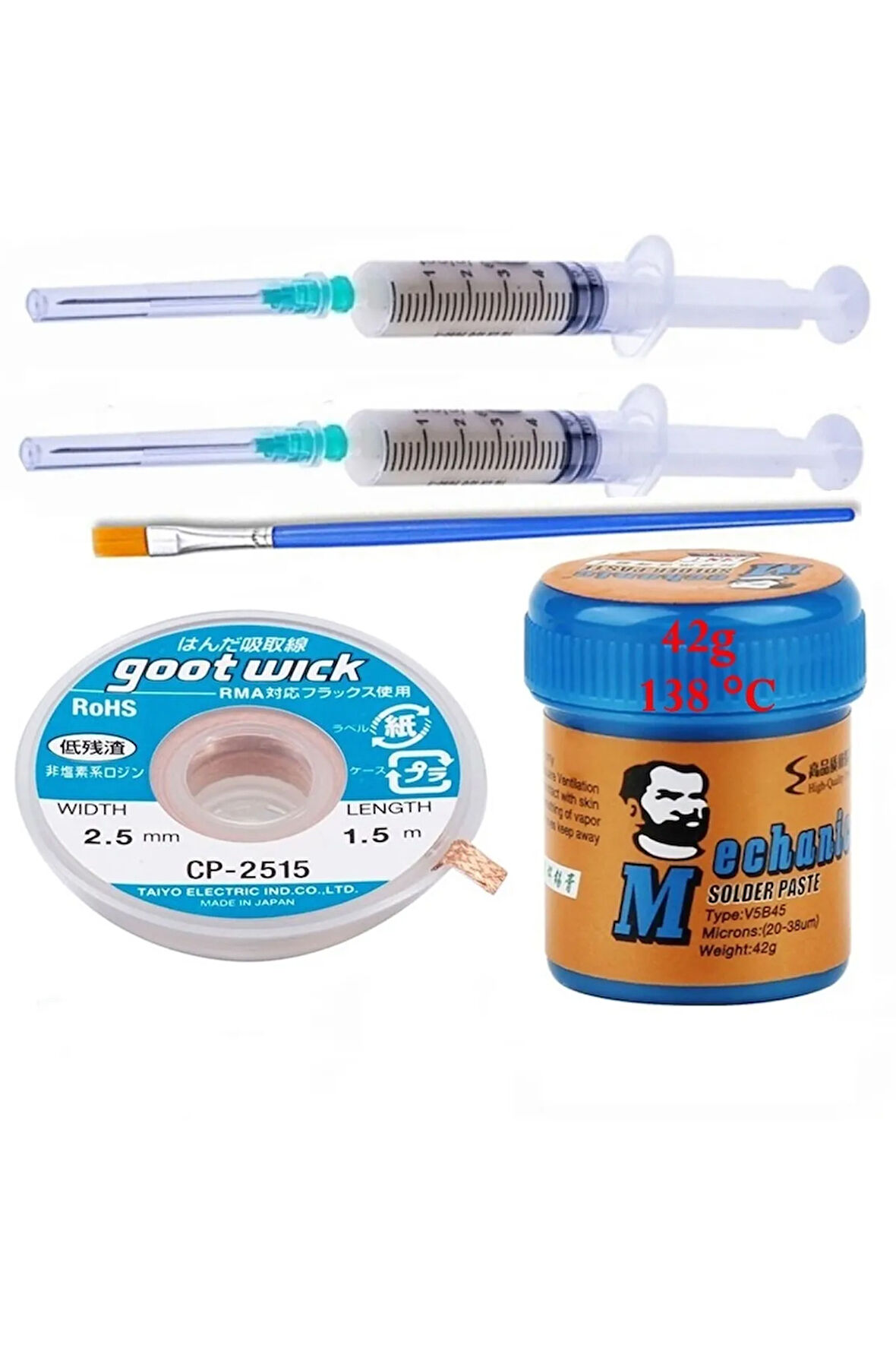 SolderPaste MEChnic 138 DERECE Krem Lehim 42g Sıvı Lehim ve Flux Lehim Toplama Fırça Seti 2,5MM 5İN1