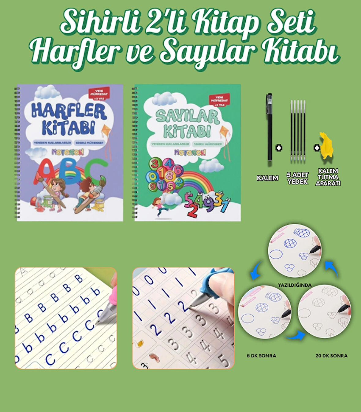 Harfleri | Sayıları ve Çizmeyi Öğreten Oluklu (Kabartmalı) 3’lü Kitap Seti | Sihirli Yazı Defterleri