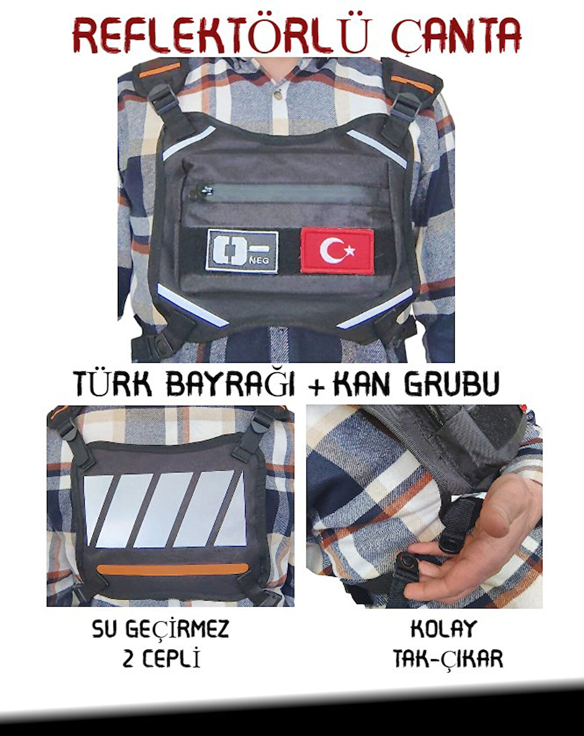 Reflektörlü Gögüs Çantası Kan Grubu O- Türk Bayrağı Su Geçirmez Gri Turuncu