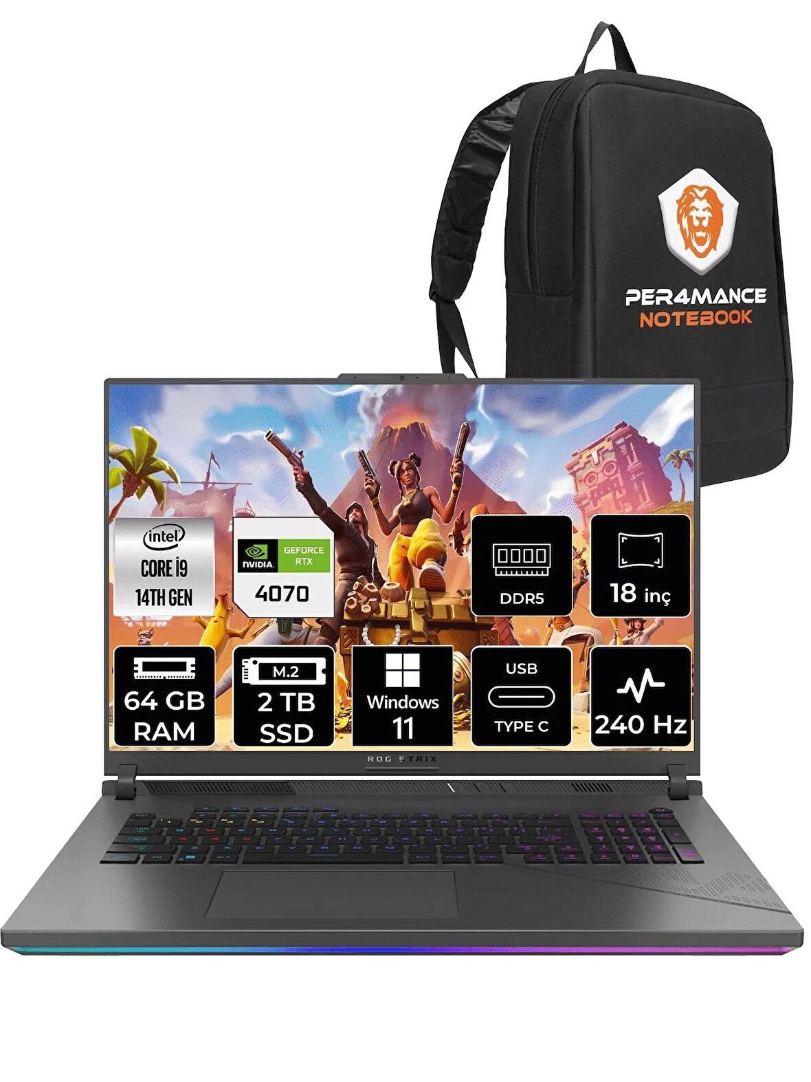 ASUS ROG Strix G18 i9-14900HX 64GB 2TB SSD RTX4070/8GB 240Hz 18" WQXGA W11H N6062 & PER4 ÇANTA