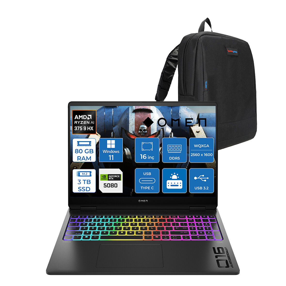 Hp Omen Max 16-AK0002NT Amd Ryzen Aı 9 HX375 80GB Ddr5 1tb SSD + 2 Tb SSD 16GB Nvıdıa RTX5080 16 Inç 500NITS 2k Wqxga 240Hz 3ms IPS Windows 11 Home Siyah OBQ1X7EAH19 + Zetta Çanta