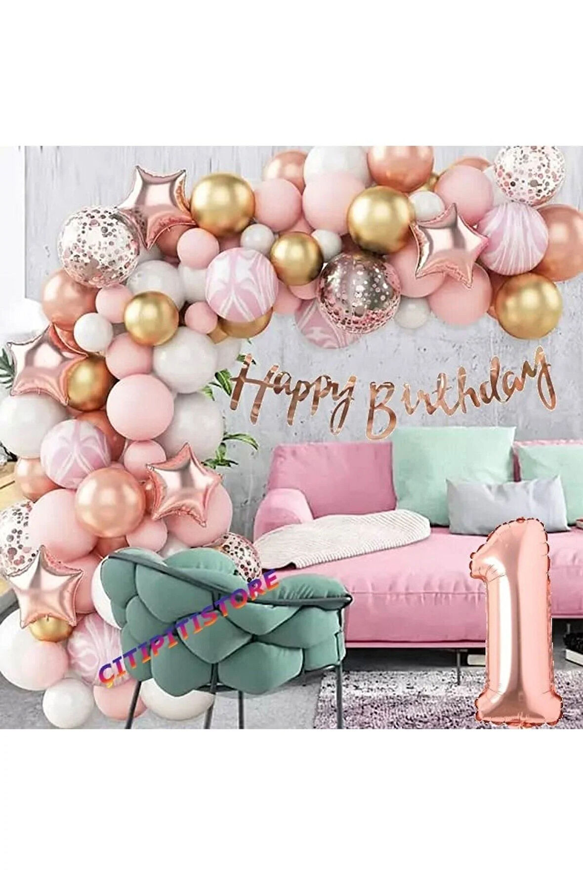 Çıtıpıtıstore Rose Gold Lu 1 Yaş Doğum Günü Balon Zincir Set