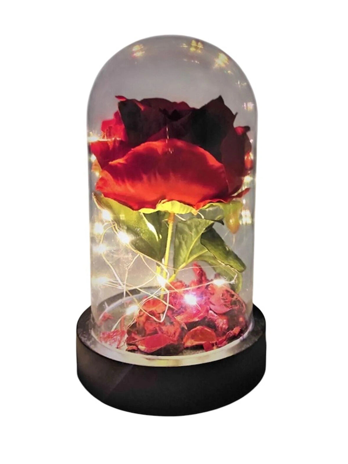 Fanus Içerisinde Dekoratif RGB Led Işıklı Solmayan Kırmızı Gül