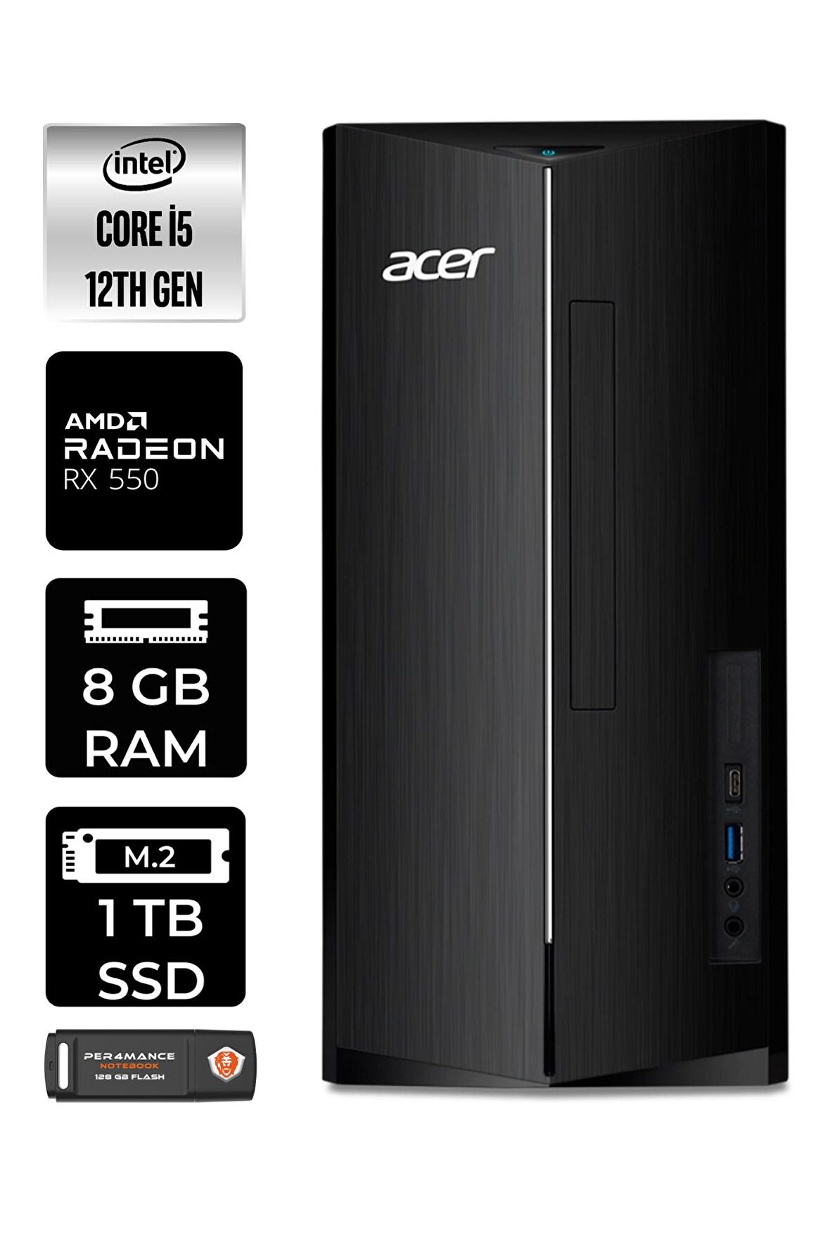 ACER ASPİRE i5 12400 8GB RAM 1TB SSD RX550/4GB FDOS DT.BHUEM.005 MASAÜSTÜ PC & PER4 BELLEK