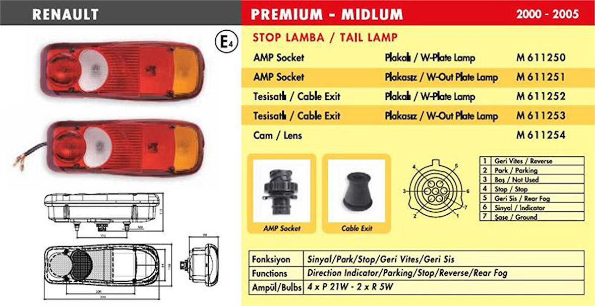 STOP LAMBA / PLAKASIZ RENAULT PREMİUM DAF XF-CF-LF BMC YM  RENAULT MASTER KAMYONET(TESİSATLI KABLOLU