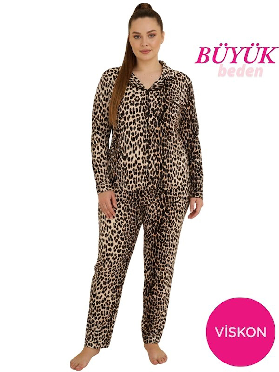 Kadın Büyük Beden Viskon Önden Düğmeli Gömlek Yaka Göğüs Cepli Uzun Kol Mevsimlik Pijama Takımı