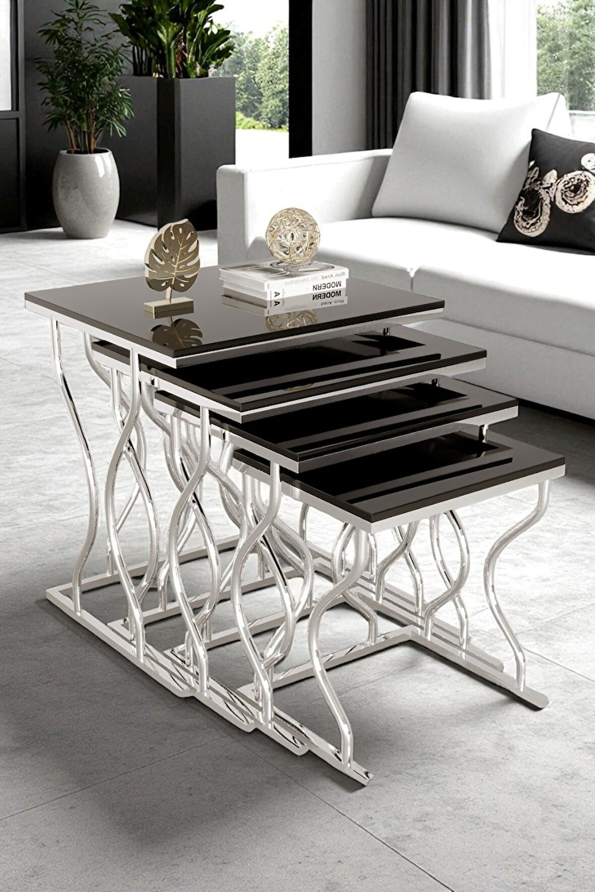 Limbo 4'lü Kare Zigon Sehpa Seti Gold Ayak, Krem Mdf