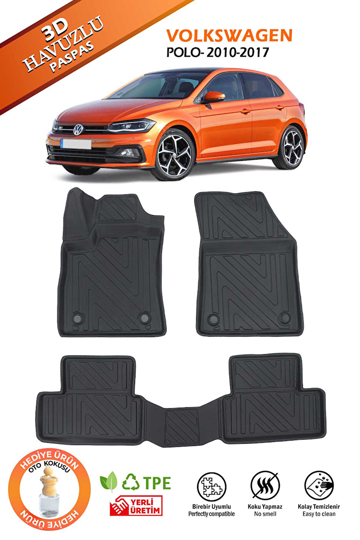 Havuzlu 3d Siyah Paspas Takımı, VOLKSWAGEN-POLO-2010-2017  3d Havuzlu Paspas, HediyeAraç Kokusu