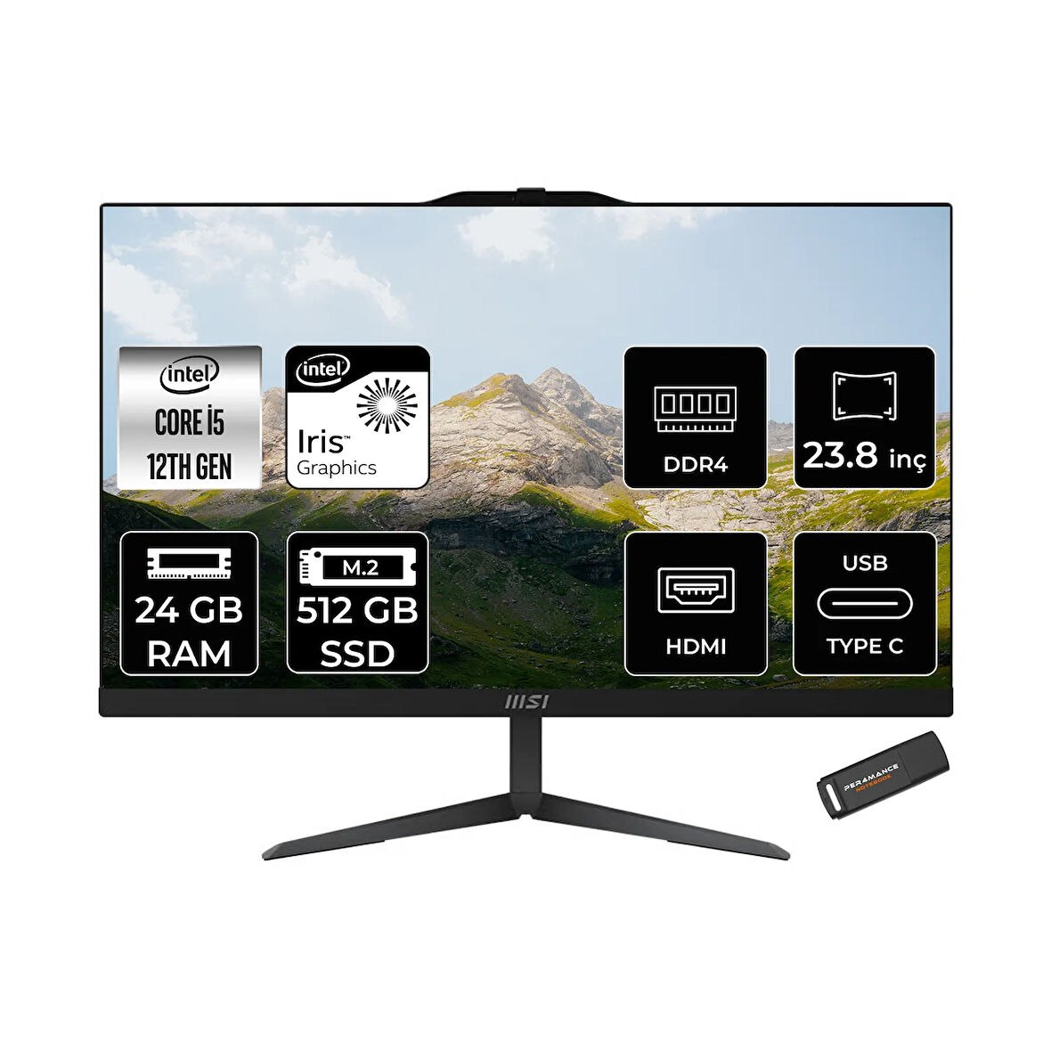 MSI Modern AM242 i5 1235U 24GB 512GB SSD 23.8" FHD IPS FDOS All In One PC Siyah & PER4 BELLEK