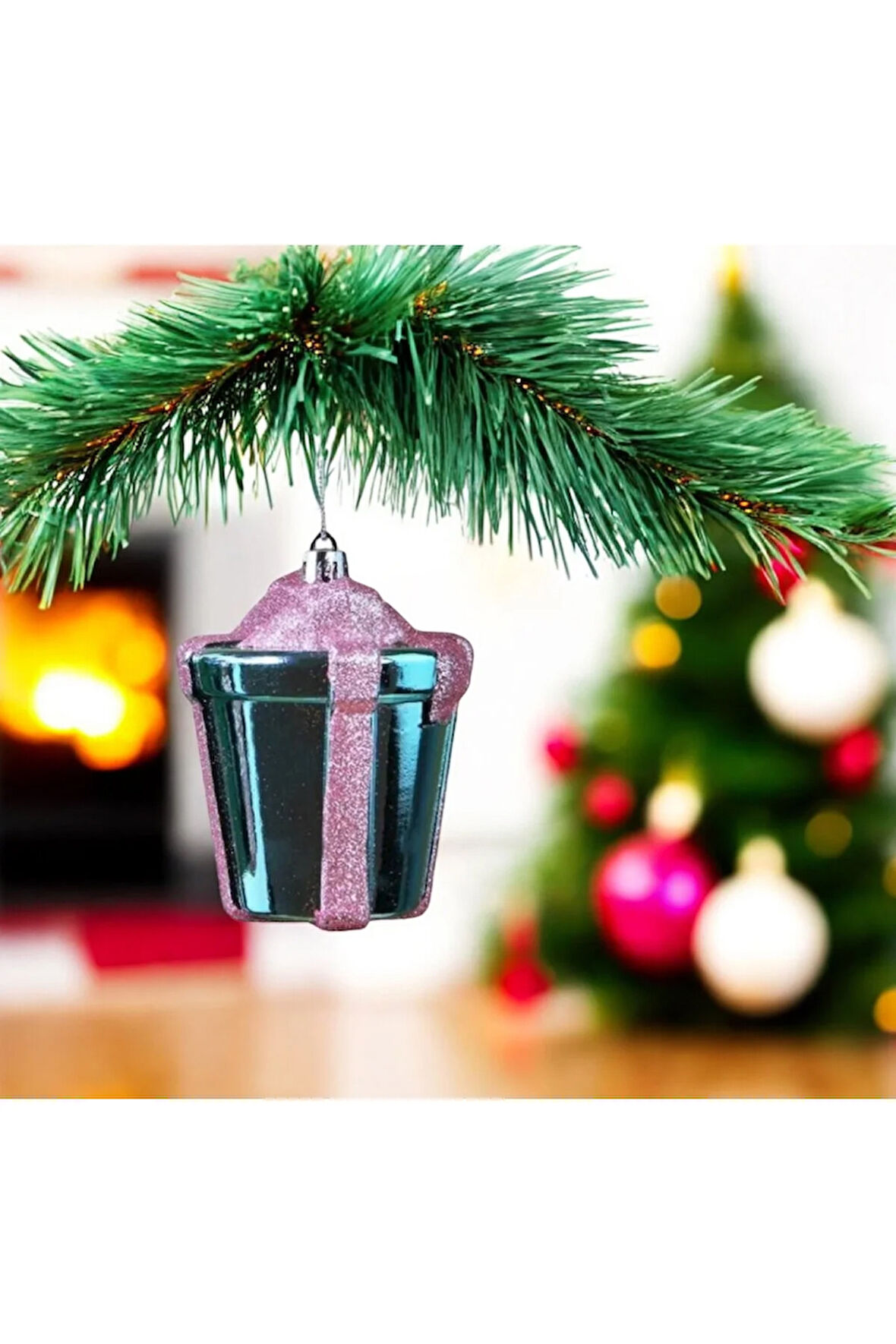 Yılbaşı Süsü Simli Parlak Hediye Paketi 2'li Mavi Pembe 10 cm