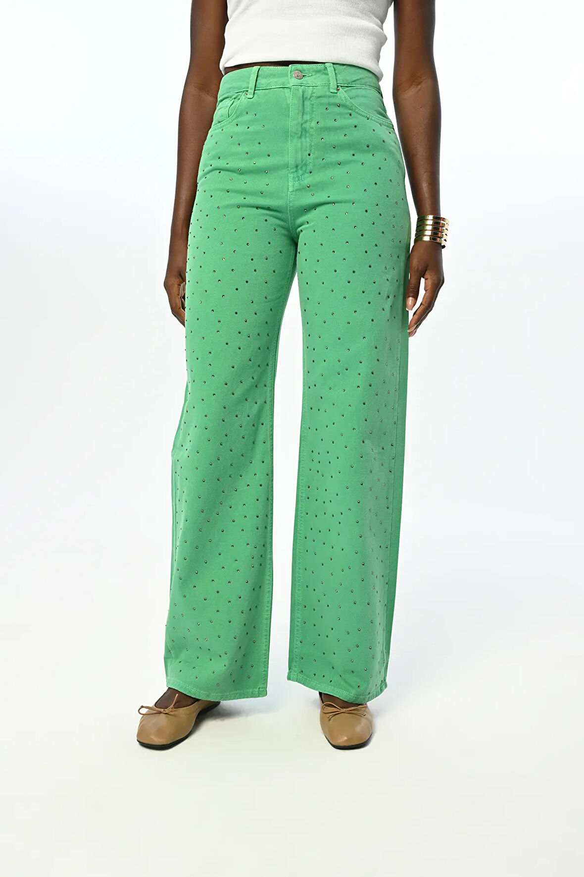 KADIN YAPIŞTIRMA TAŞ İŞLEMELİ DÜZ RENKLİ KOT PANTOLON