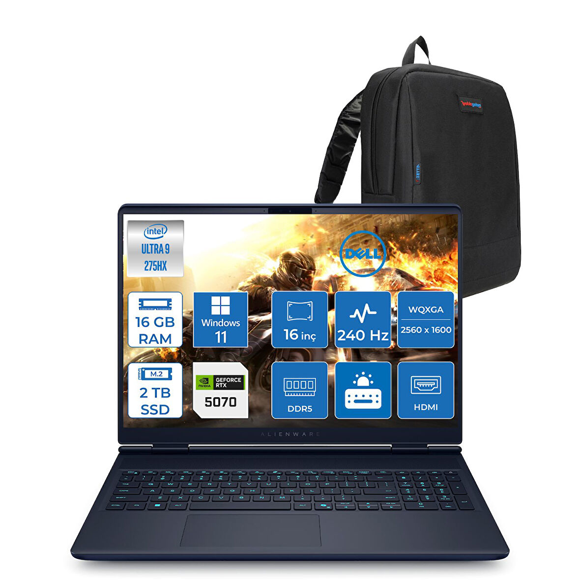 Dell Alienware 16X Aurora Intel Core Ultra 9 275HX 16GB Ddr5 2tb SSD Windows 11 Home 8gb RTX5070 16 Inç 2K(2560×1600) Wqxga 240Hz 3ms Wva Taşınabilir Bilgisayar AC16251CU932157WH04 + Zetta Çanta