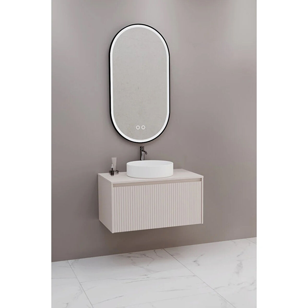 Almonde 80 Cm Beyaz Lavabolu Banyo Dolabı Krem