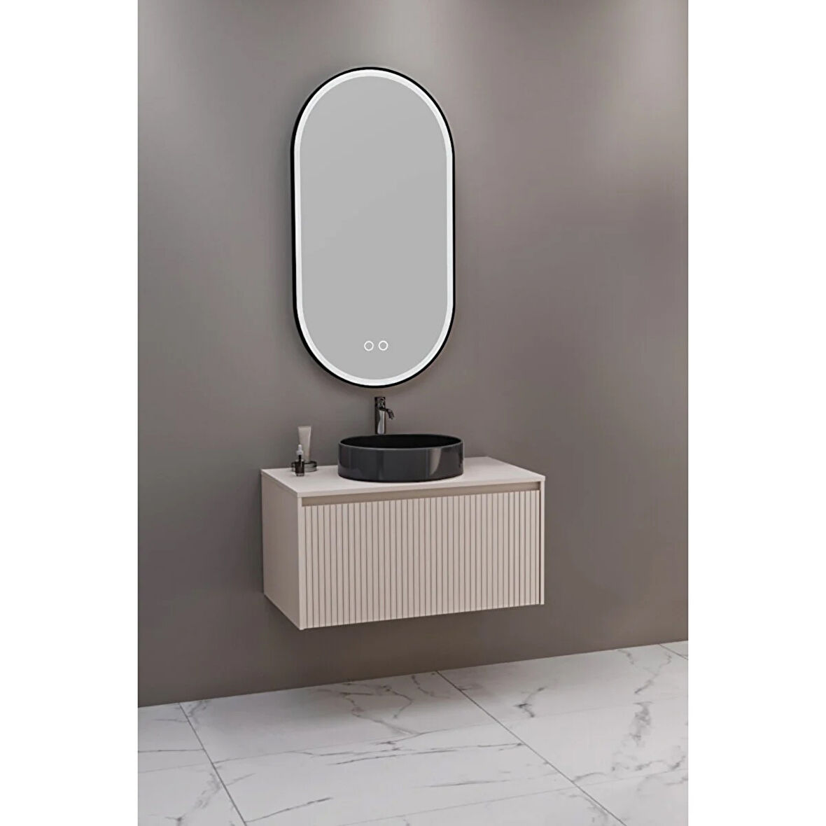 Almonde 80 Cm Siyah Lavabolu Banyo Dolabı Krem