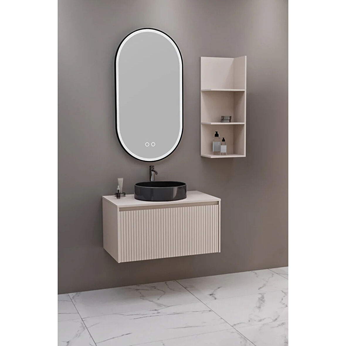 Almonde 80 Cm Siyah Lavabolu Banyo Dolabı Krem - Raf Modül Dahil