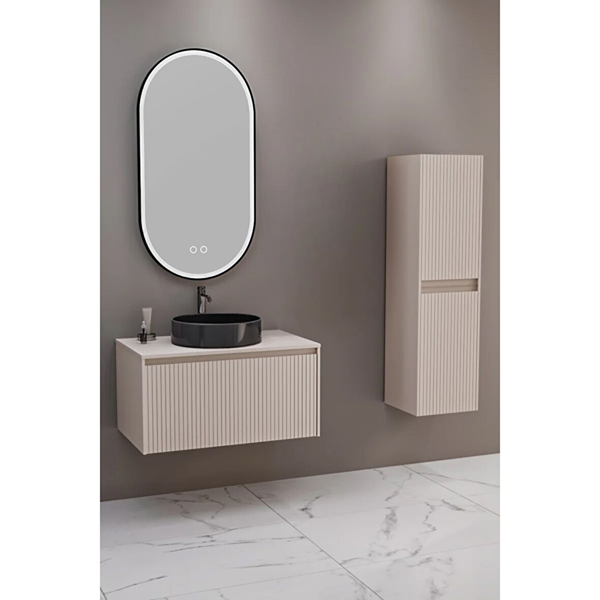 Almonde 80 Cm Siyah Lavabolu Banyo Dolabı Krem - Boy Dolap Dahil