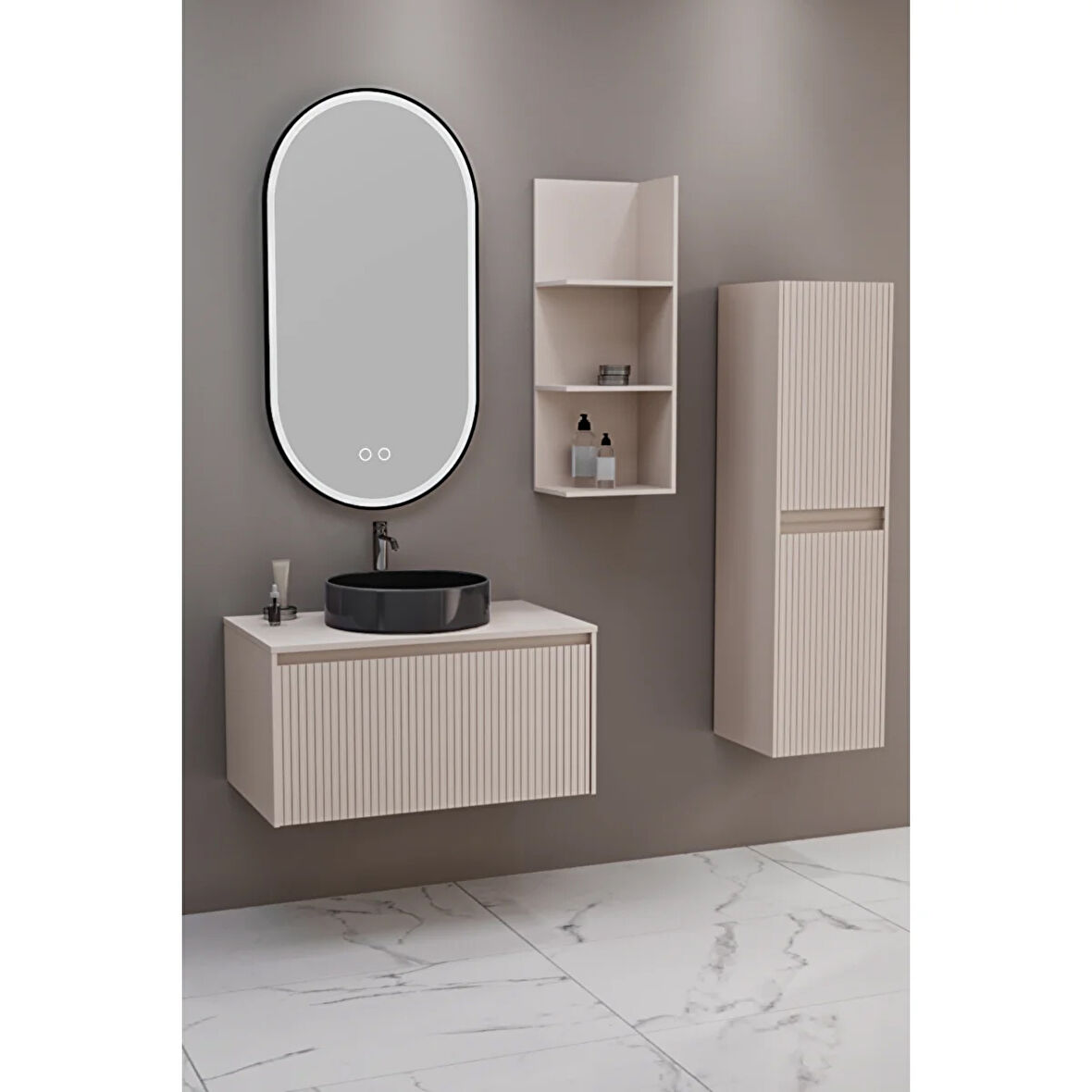 Almonde 80 Cm Siyah Lavabolu Banyo Dolabı Krem - Raf Modül Ve Boy Dolap Dahil