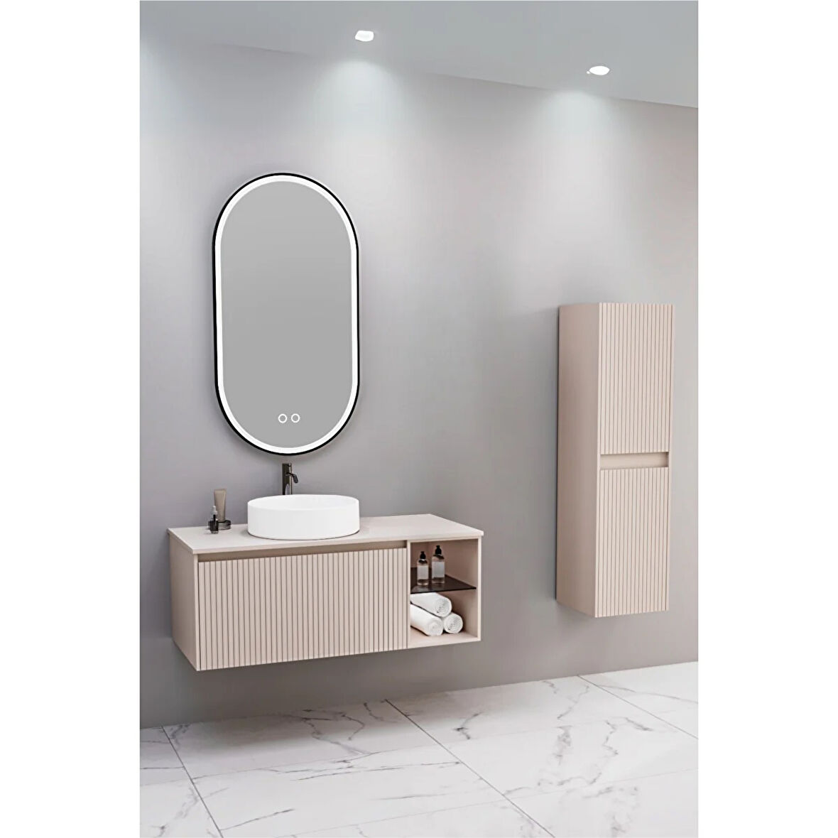 Almonde 100 Cm Beyaz Lavabolu Banyo Dolabı Krem - Boy Dolap Dahil