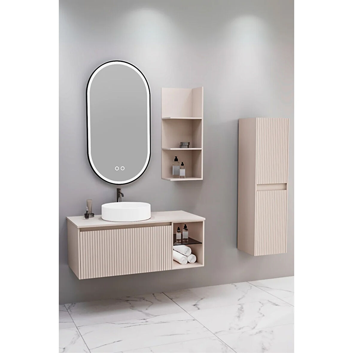 Almonde 100 Cm Beyaz Lavabolu Banyo Dolabı Krem - Raf Modül Ve Boy Dolap Dahil