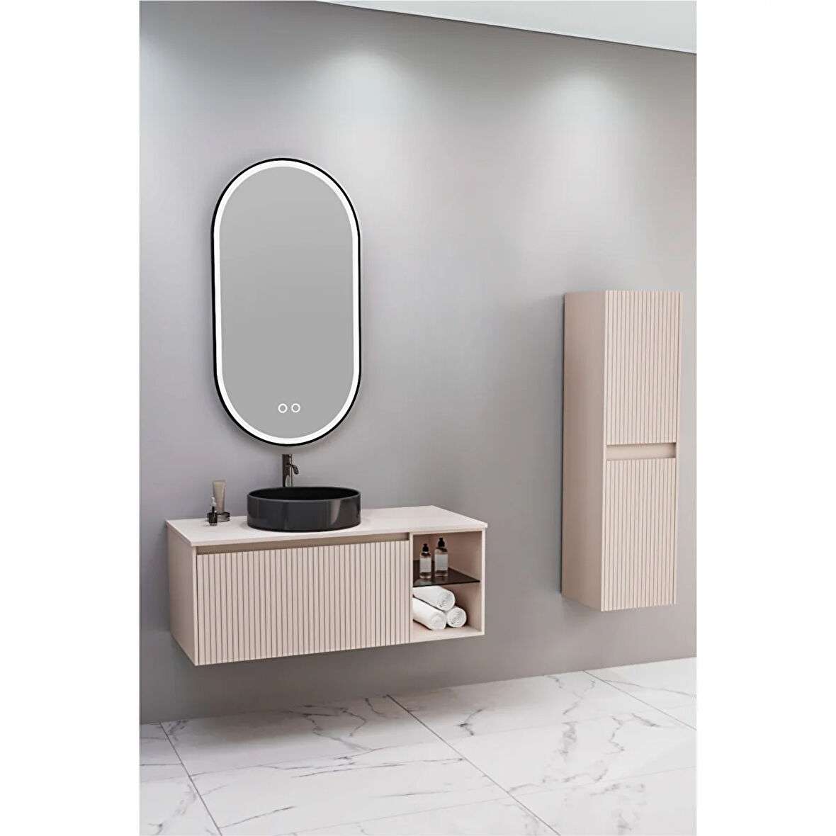 Almonde 100 Cm Siyah Lavabolu Banyo Dolabı Krem - Boy Dolap Dahil