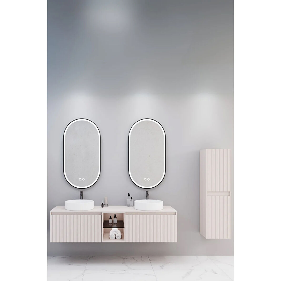 Almonde 160 Cm Beyaz Lavabolu Banyo Dolabı Krem - Boy Dolap Dahil