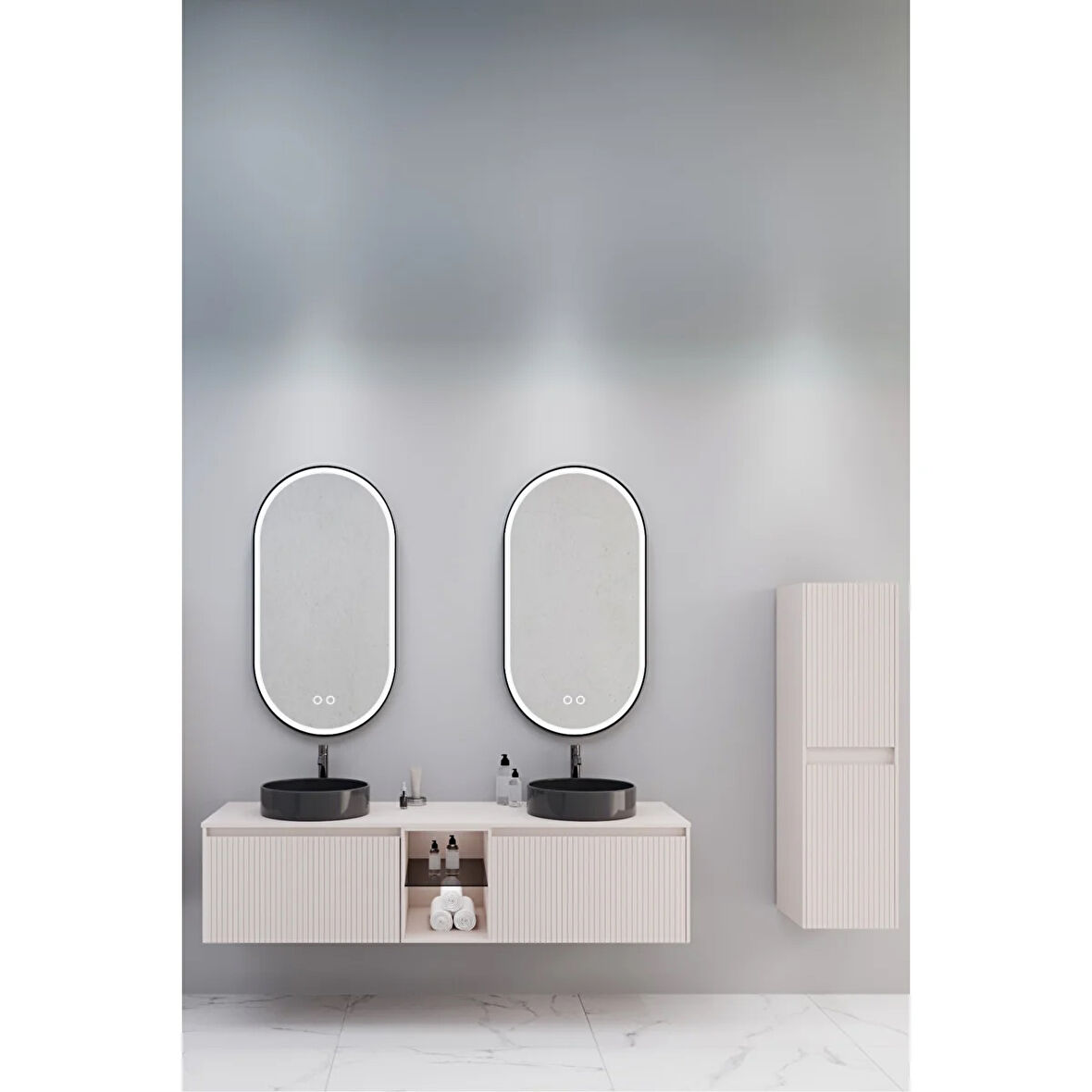 Almonde 160 Cm Siyah Lavabolu Banyo Dolabı Krem - Boy Dolap Dahil