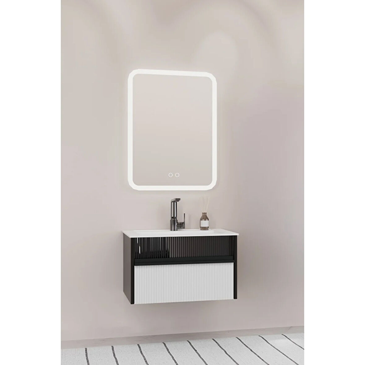 Sable 65 Cm Beyaz Lavabolu Banyo Dolabı - Siyah Beyaz