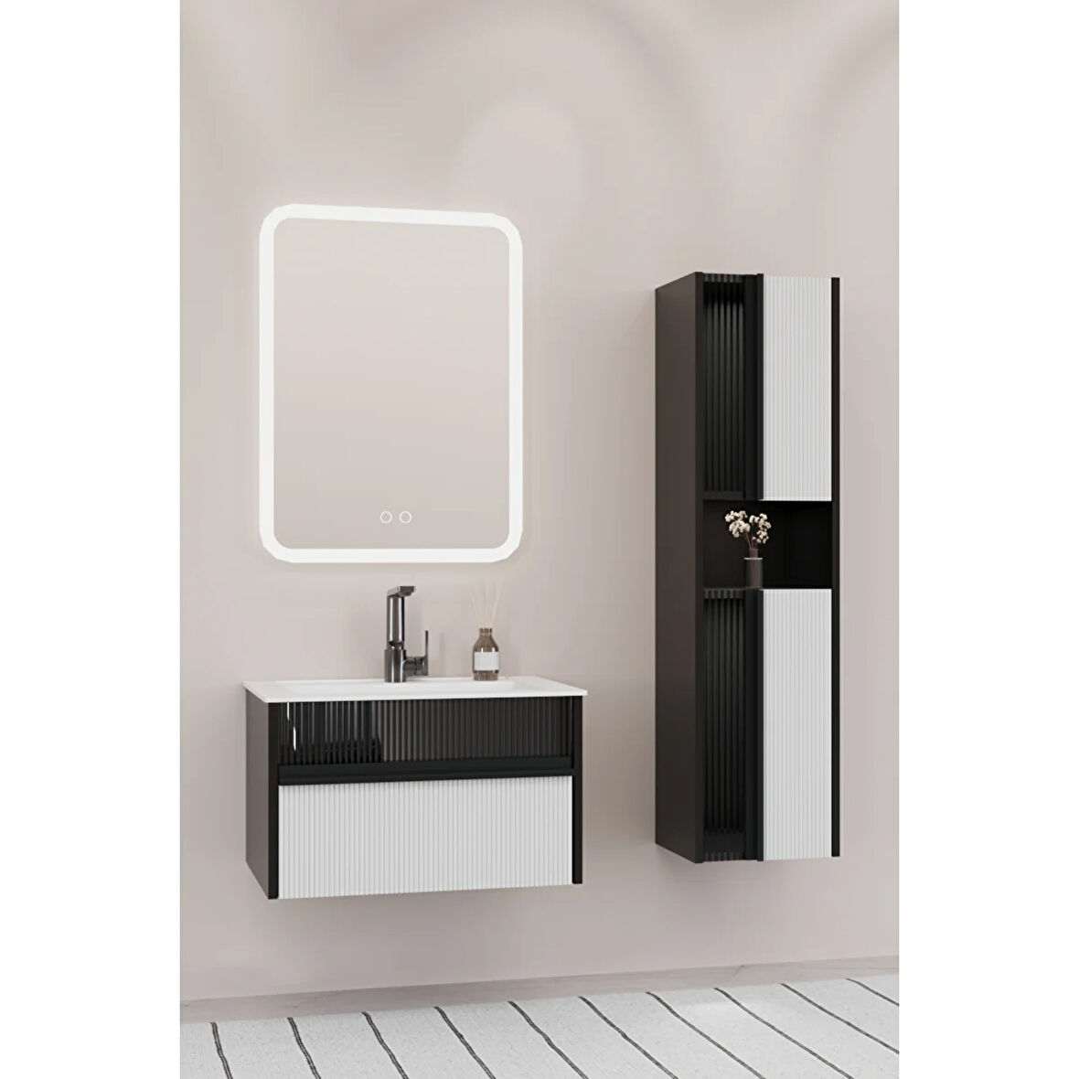 Sable 65 Cm Beyaz Lavabolu Banyo Dolabı - Siyah Beyaz (boy Dolap Dahil)