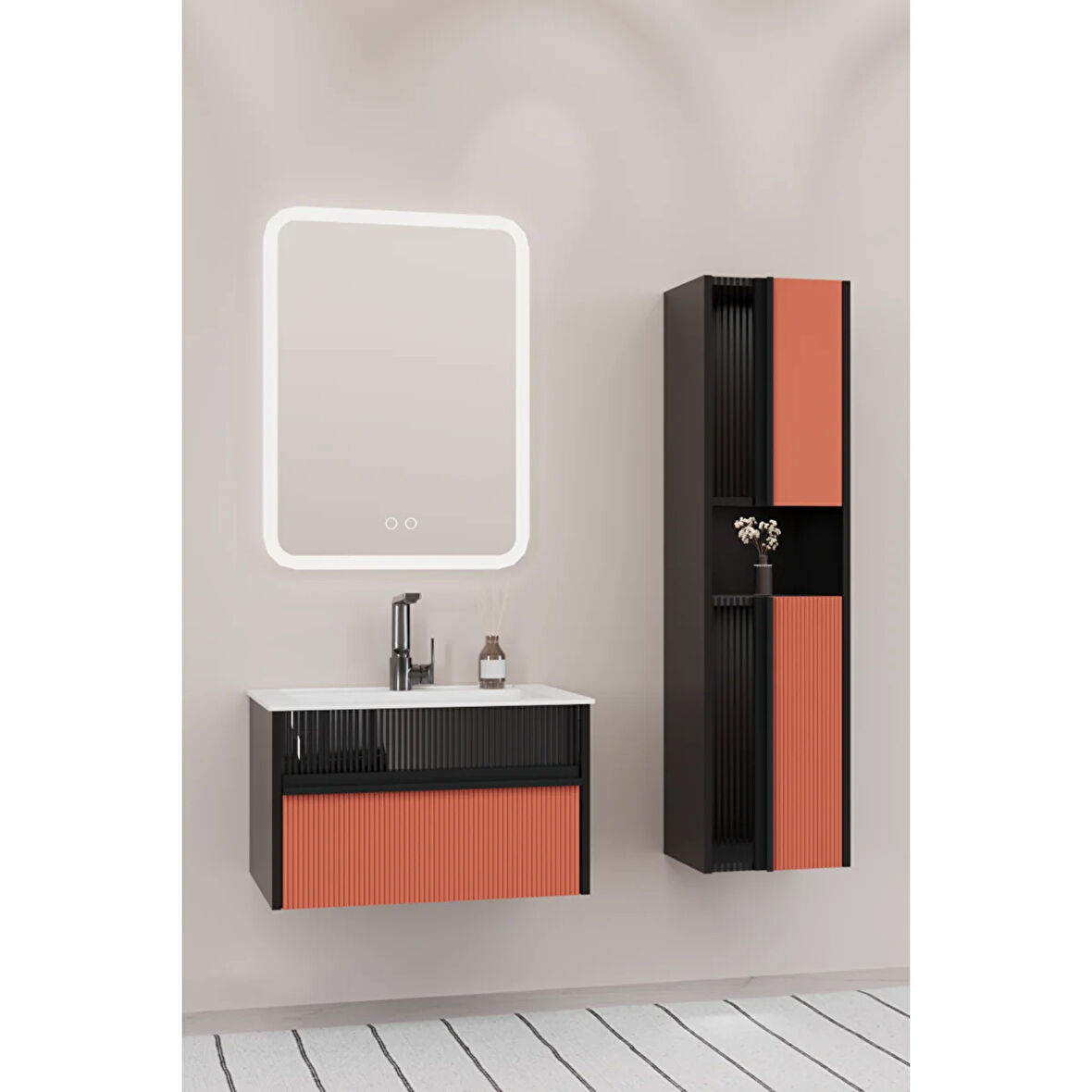 Sable 65 Cm Beyaz Lavabolu Banyo Dolabı - Siyah Kiremit (boy Dolap Dahil)