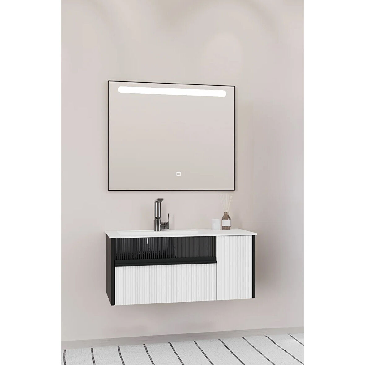 Sable 85 Cm Beyaz Lavabolu Banyo Dolabı - Siyah Beyaz