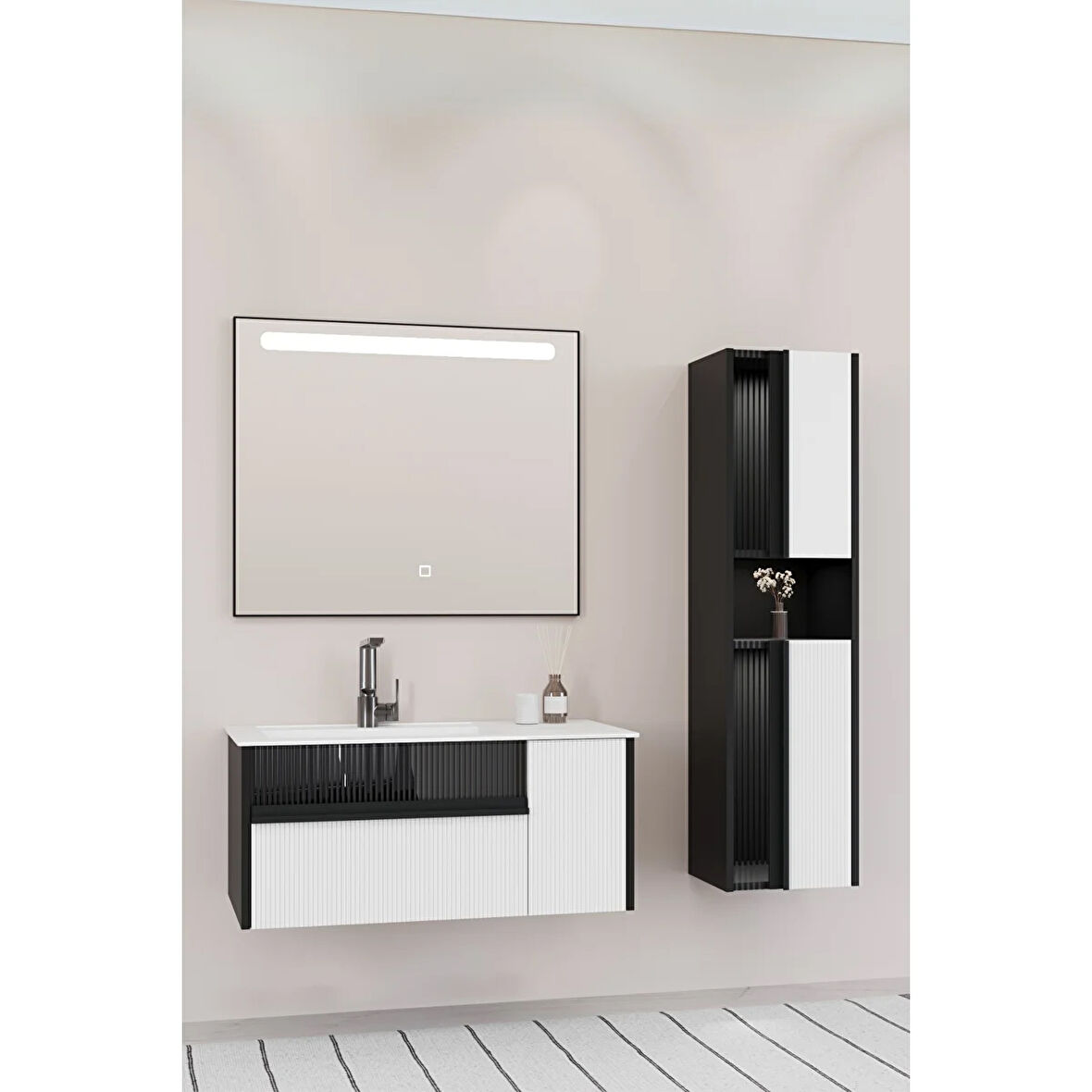 Sable 85 Cm Beyaz Lavabolu Banyo Dolabı - Siyah Beyaz (boy Dolap Dahil)