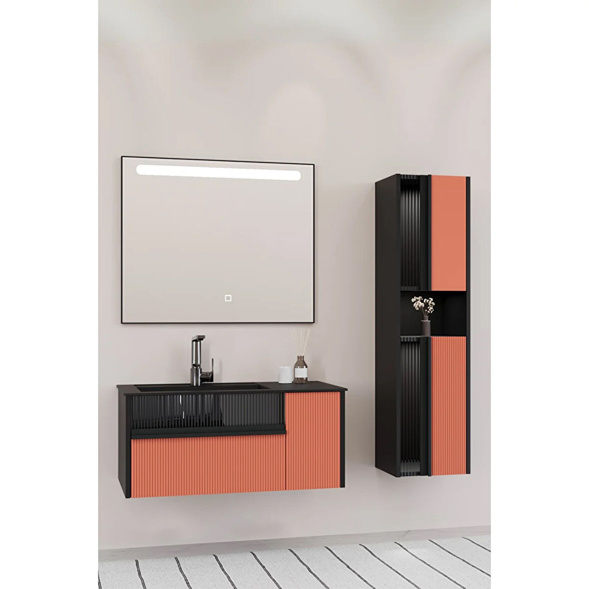 Sable 85 Cm Siyah Lavabolu Banyo Dolabı - Siyah Kiremit (boy Dolap Dahil)