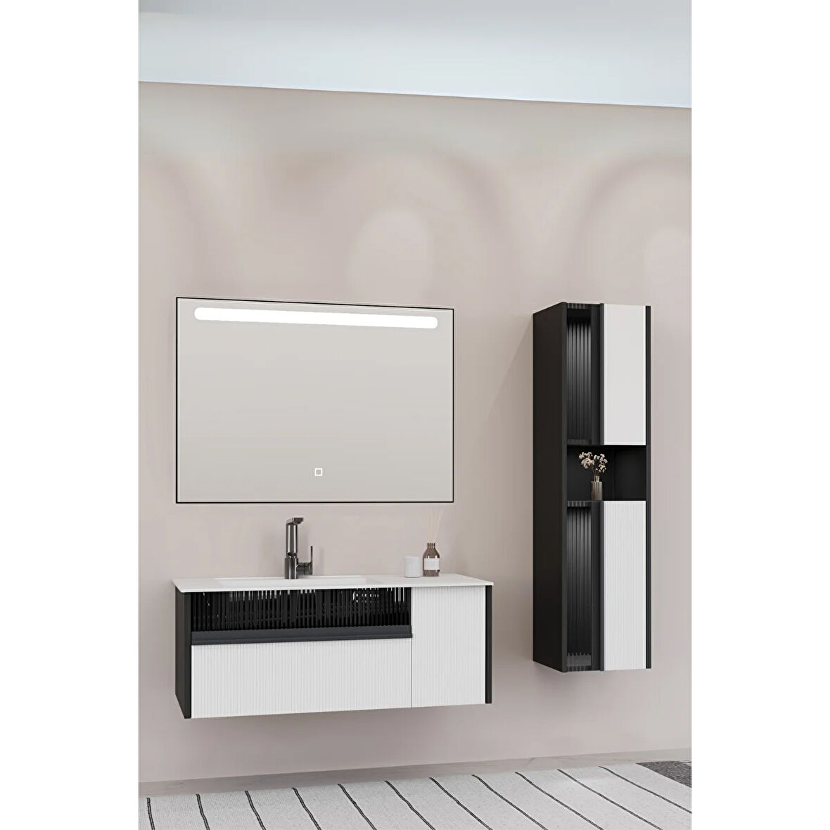 Sable 100 Cm Beyaz Lavabolu Banyo Dolabı - Siyah Beyaz (boy Dolap Dahil)