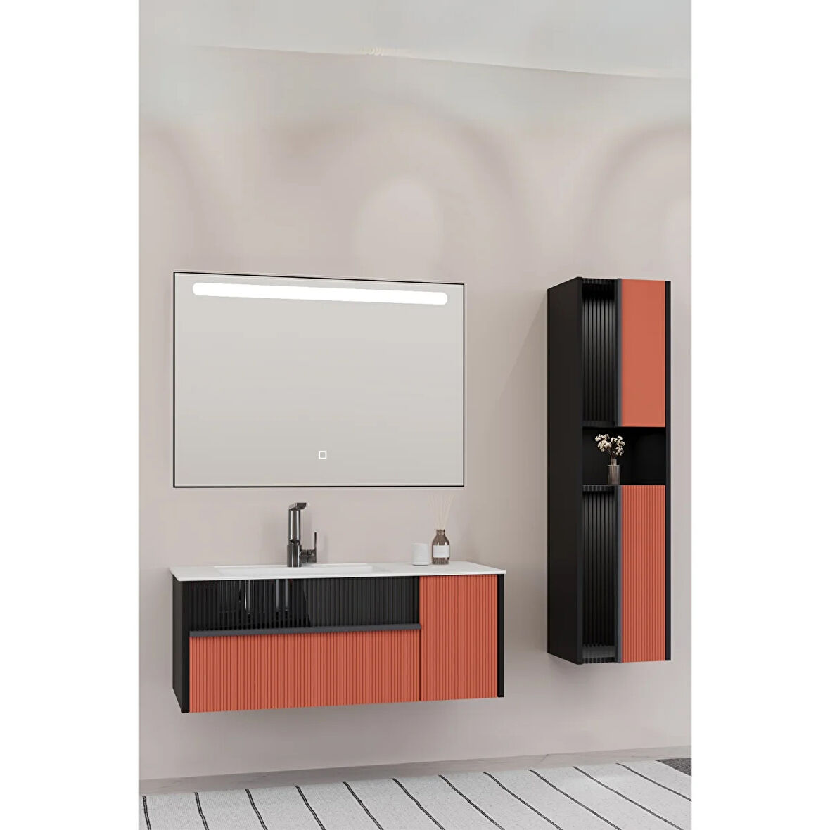 Sable 100 Cm Beyaz Lavabolu Banyo Dolabı - Siyah Kiremit (boy Dolap Dahil)