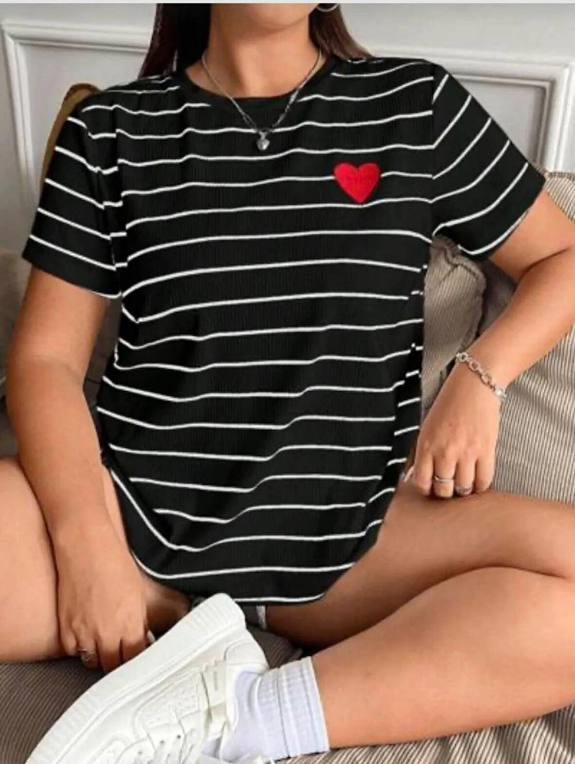 Siyah Kadın Çizgili Oversize T-SHİRT-488488