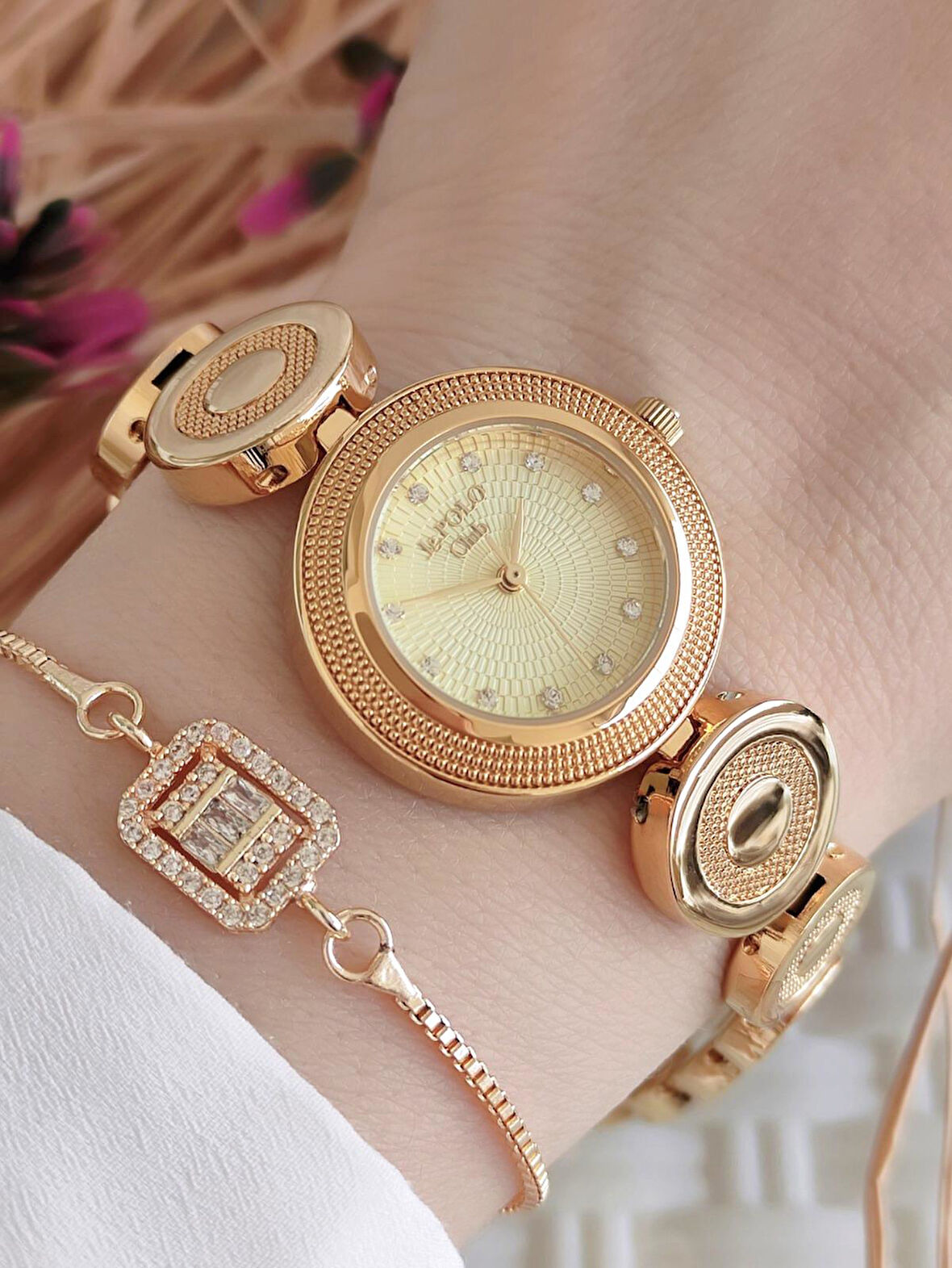 BLKT.2.624 JG. Polo Club Taş Detaylı Baget Bileklik Hediyeli Metal Kordon Fantezi Kadın Kol Saati 