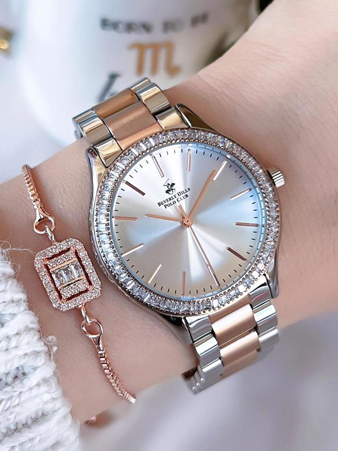 BP.RG3 Sedef Kadran Çelik Kasa&Kordon Kararma Renk Atma Yapmaz Zirkon Taşlı Kadın Kol Saati+Bileklik