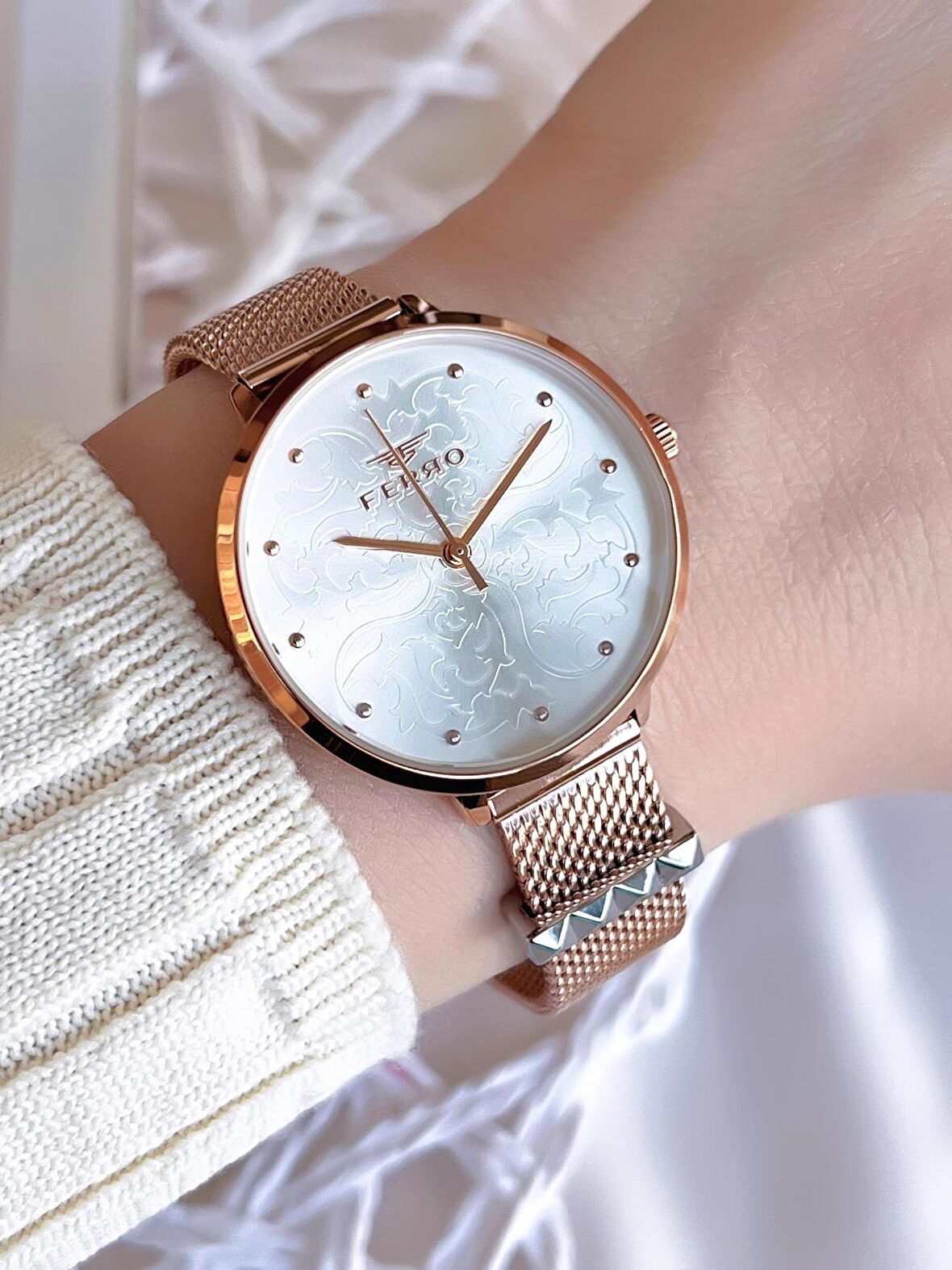 Ferro Hasır Kordonlu Rose Gold Kararmaz Renk Atmaz 3 Atm  Özel Tasarım Kadın Kol Saati BF21087CWT-C