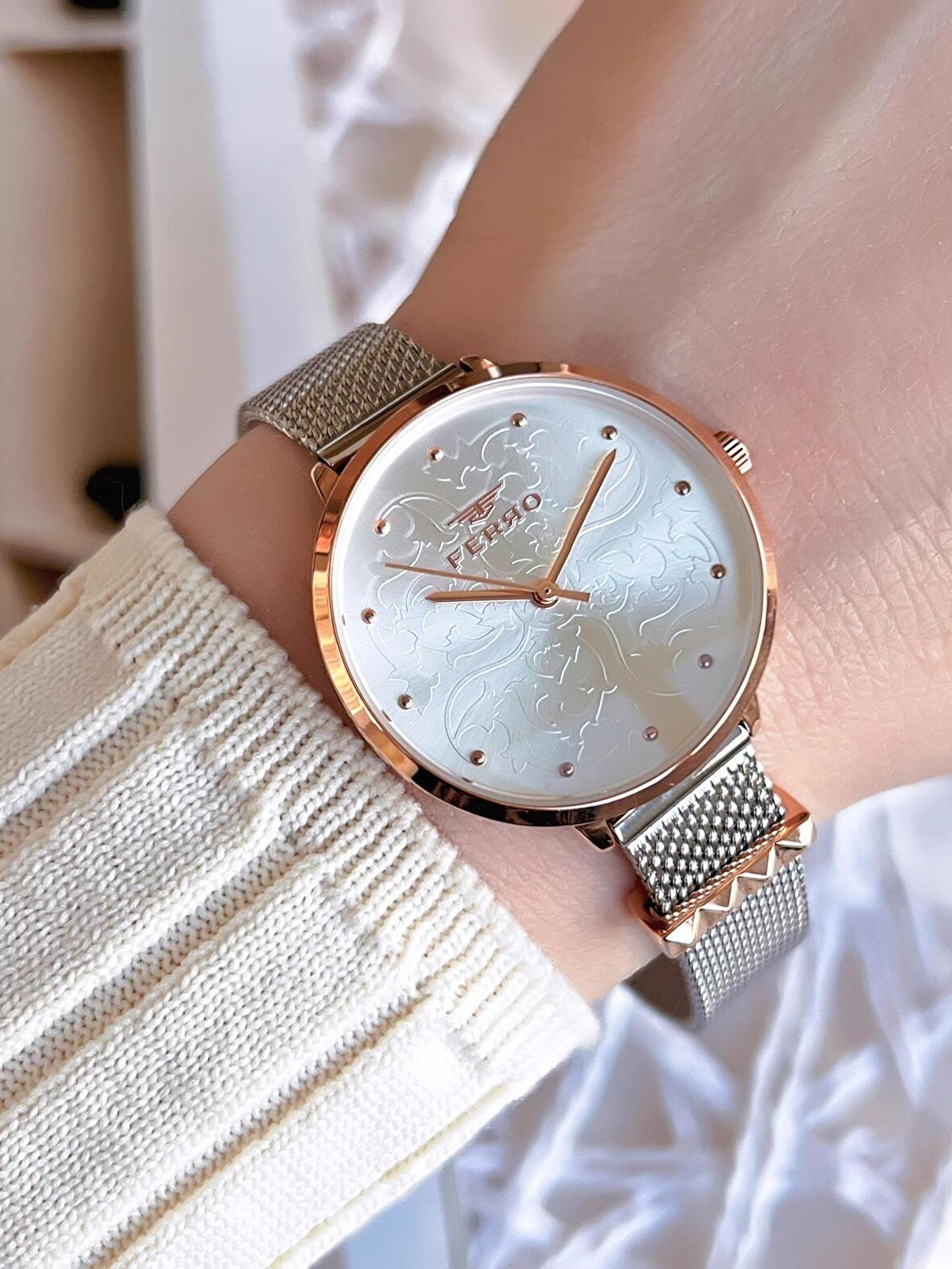 Ferro Hasır Kordonlu Gümüş/Rose Kararmaz Renk Atmaz 3 Atm  Özel Tasarım Kadın Kol Saati BF21087CWT-E