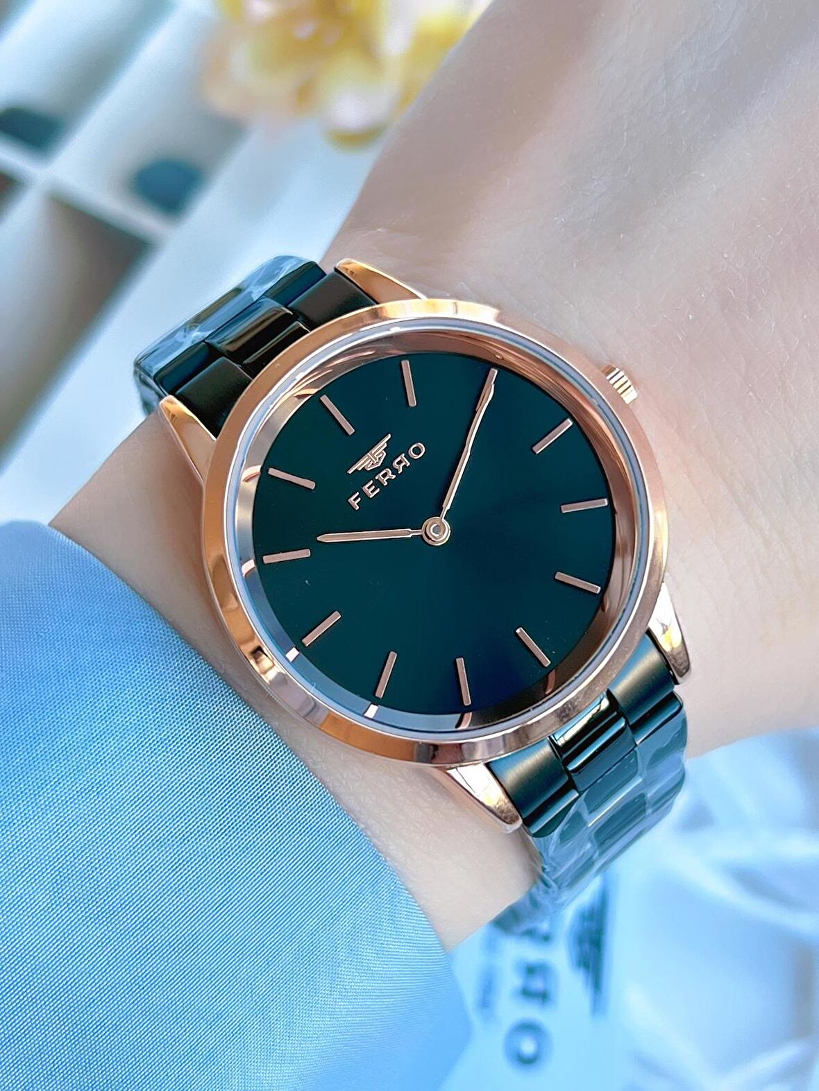 Ferro Çelik Kordonlu Siyah/Rose Kararmaz Renk Atmaz 3 Atm Özel Tasarım Kadın Kol Saati BF21124AWT-R