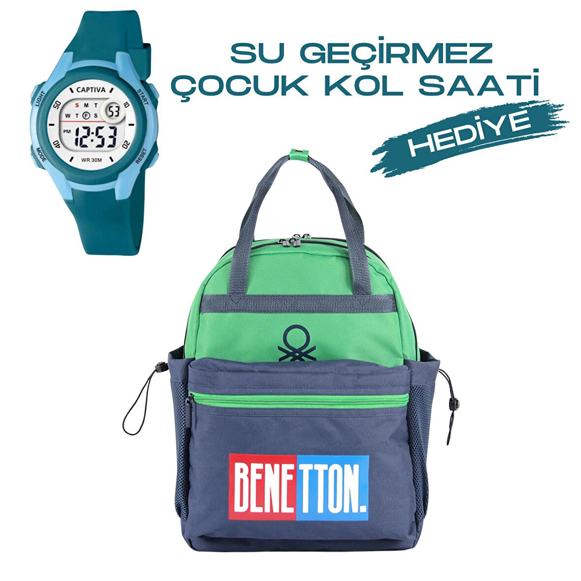 Çocuk Kol Saati Hediyeli Benetton Büyük Kapasiteli Çocuk Okul Çantası B.NT.03786