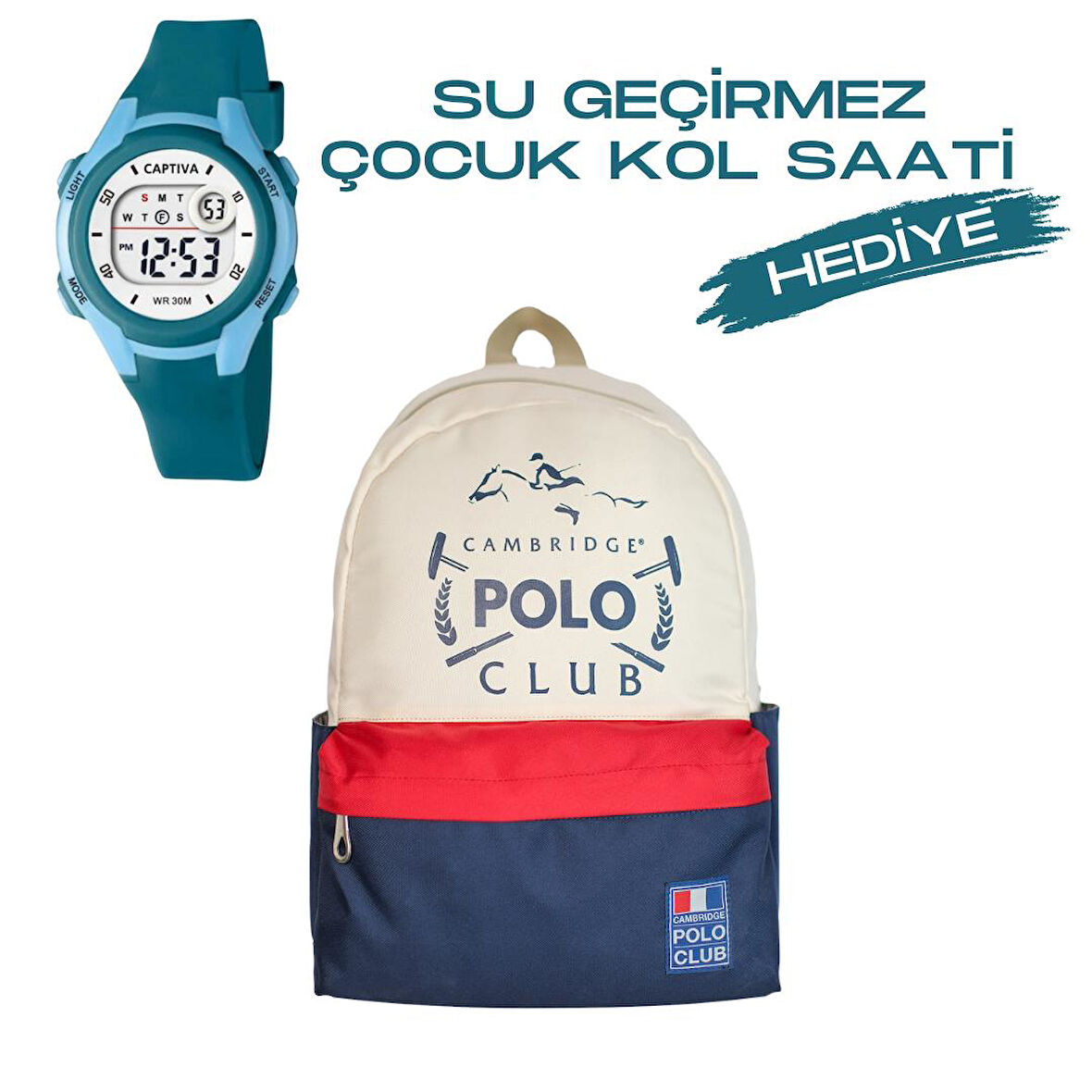 Çocuk Kol Saati Hediyeli Cambridge Polo Club Büyük Kapasiteli Çocuk Okul Çantası CPC.C3015