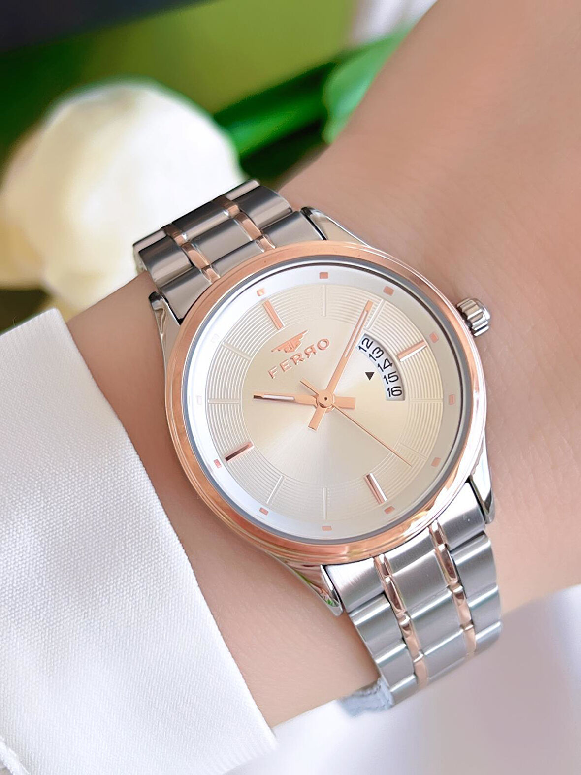 Ferro Çelik Kordon İyon Kaplama Kasa 3 Atm Suya Dayanıklı Kadın Kol Saati+Bileklik BFL21464-EX